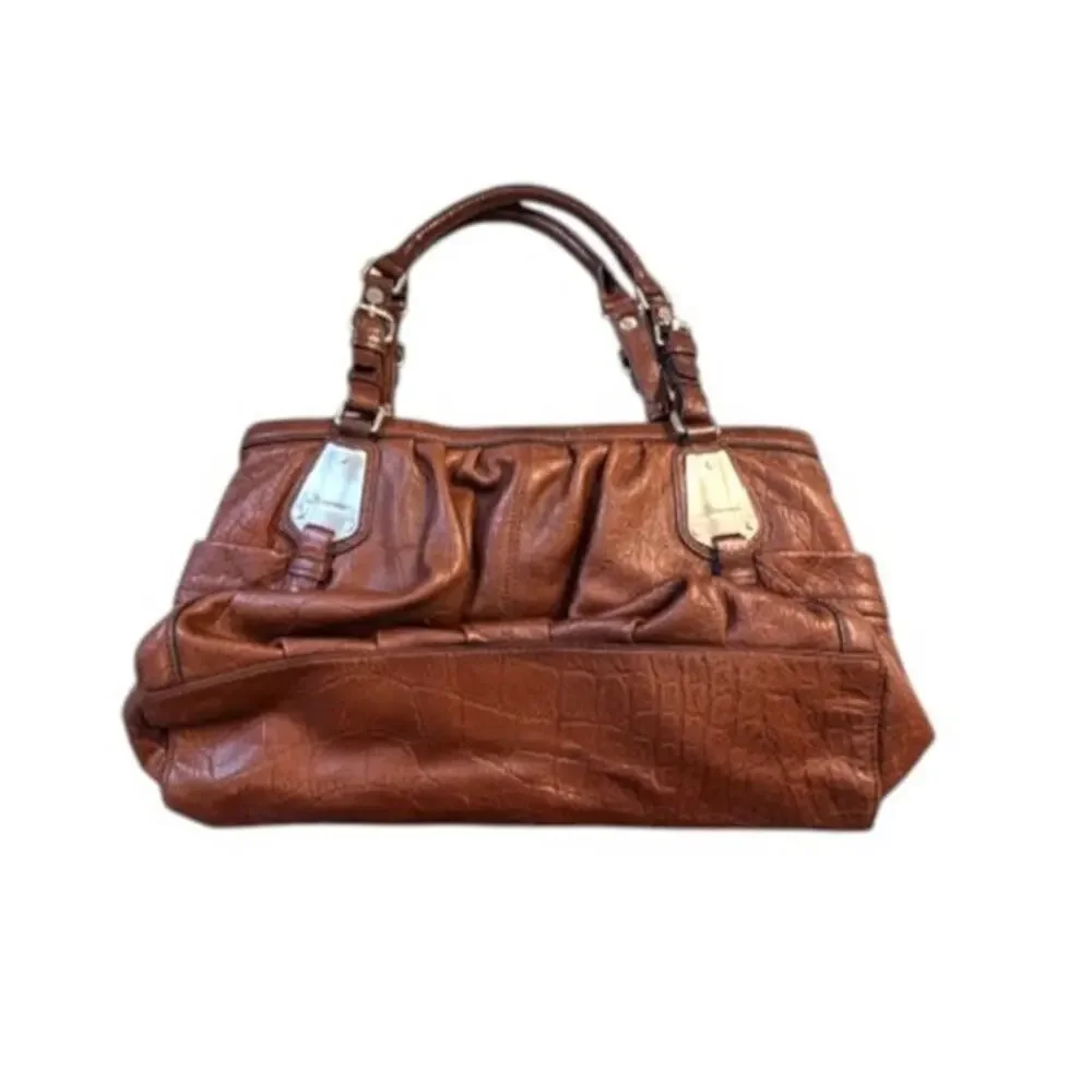 B Makowsky Brown Leather Satchel Croc Embossed Shoulder Bag Large Designer Tote